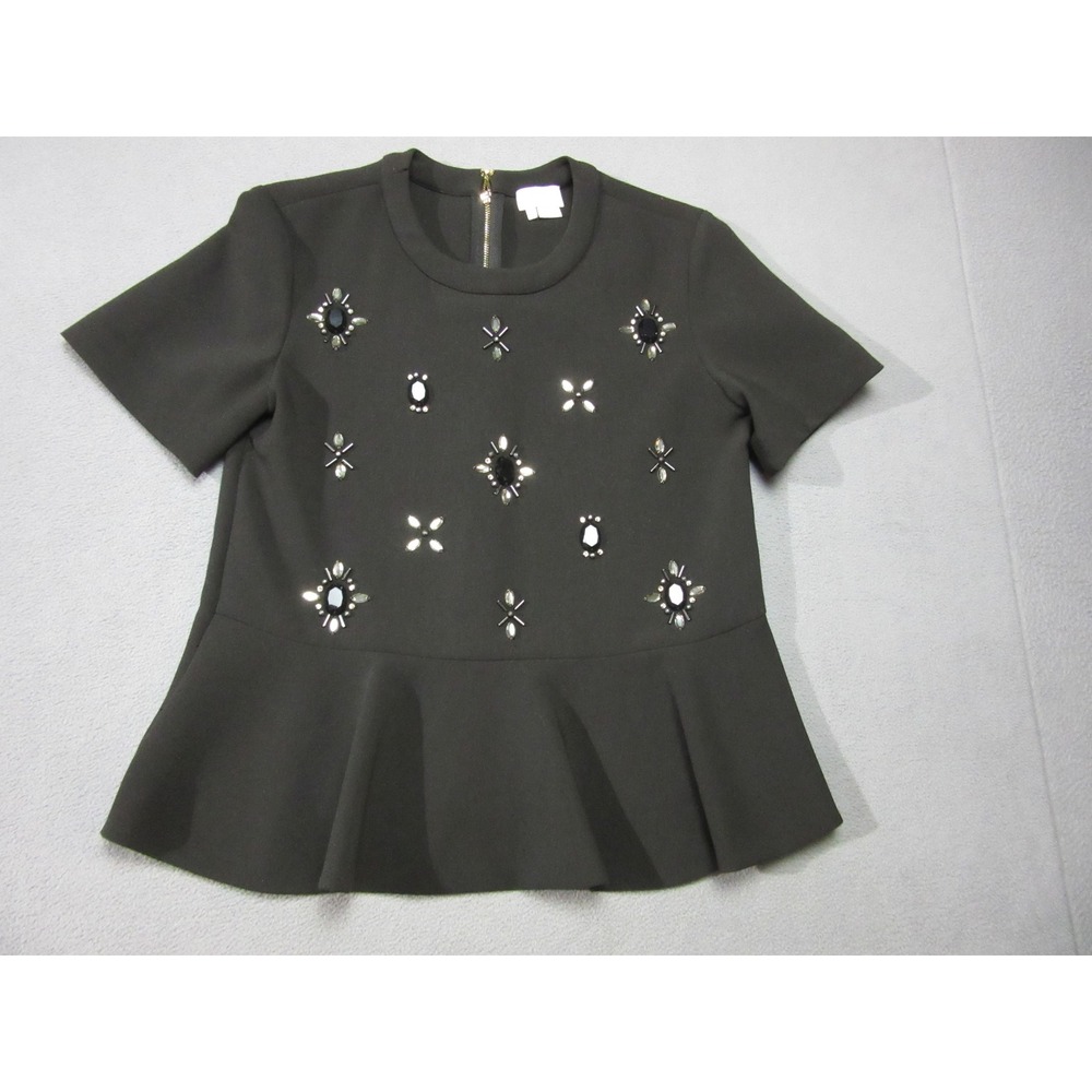 Kate Spade Peplum Top Womens 2 Black Jewel Bead Embellished Short Sleeve